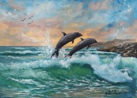 "Morski zalez i delfini maslena kartina", Valentina Kostadinova  | Dea Art