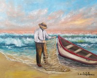 "Morski pejzazh s ribar i lodka maslena kartina", Valentina Kostadinova  | Dea Art