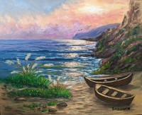 Море, залез, лодки маслена картина