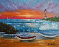 Морски залез и лодки маслена картина