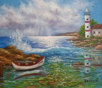 "Морски пейзаж с лодка и фар ", Валентина Костадинова  | Дея Арт