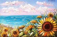 "Картина с морски пейзаж - Слънчогледи край лазурния морски бряг", Арт галерия в София -  Даниела Стойкова | Дея Арт